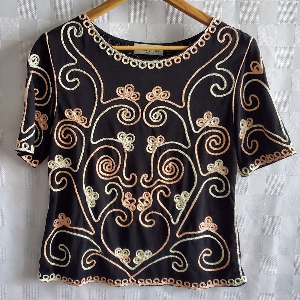 Vintage 1990s Black Soutache Blouse Top Blush Pink & Cream Applique MEASUREMENTS